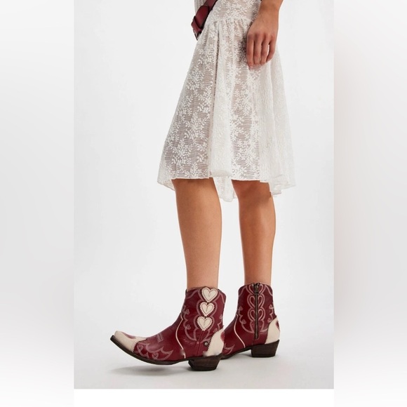 Free People Double D Ranch Rodeo Sweetheart Boot Hearts Zipper Red Ivory - Picture 8 of 11